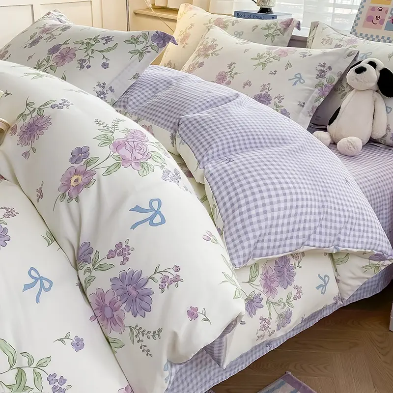 3Pcs Ultra-Soft Cotton-like Decorative Bedding Set, Includes 1 Duvet cover & 2 Pillowcases, Pink Purple Floral Design, Girls Room Decor, Comfy Bedding Sets, Soft Bedding Sets