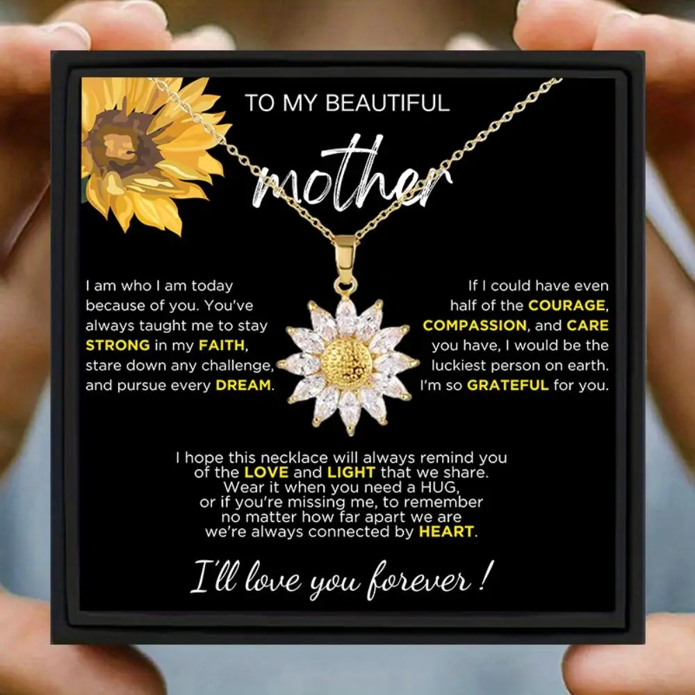 Valentine's Day Sunflower Design Pendant Necklace with Gift Box Set, Gift for Mom, I Love My Mom Gift Set, Gift Idea, Summer for Gift