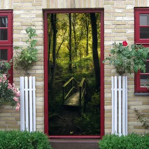 2pcs Forest Theme Decorative Wall Sticker featuring a Serene Woodland Path with Ancient Wooden Bridge, High Definition Printing Presents Vivid Green Tones and Light, Self Adhesive Material for Easy I