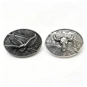 1PC Vintage Western Belt Buckles for Men, Silver Eagle & Bull Skull Pattern Oval Belt Buckles, Retro Alloy Belt Buckle Set for Jeans, Rodeo, Biker & Country Style Durable Antique Silver Alloy Buckles for Men, Perfect for Casual & Festival Outfits