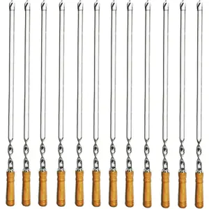 12 Pack Kabob Skewers BBQ Barbecue Skewers Stainless Steel Sticks 22.5 Inch Heavy Duty Large Wide Reusable with Nonslip Wooden Handle Ideal for Shish Kebab Chicken Shrimp and Vegetables