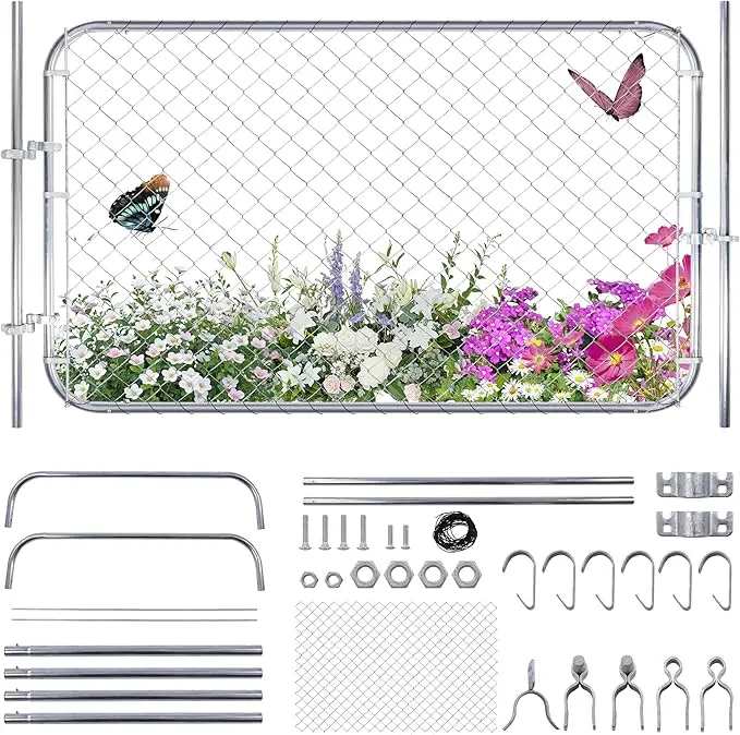 Galvanized Steel Metal Chain Link Fence Gate with Posts, Latch, Door Frame, Hinges & Cable Ties, 48x72 in Outdoor Security Mesh, Adjustable Panel, Tool-Free Install w/Instructions, Custom Fit for 2-6 ft W x 7 ft H Garden Farmyard Openings, Comprehensive S