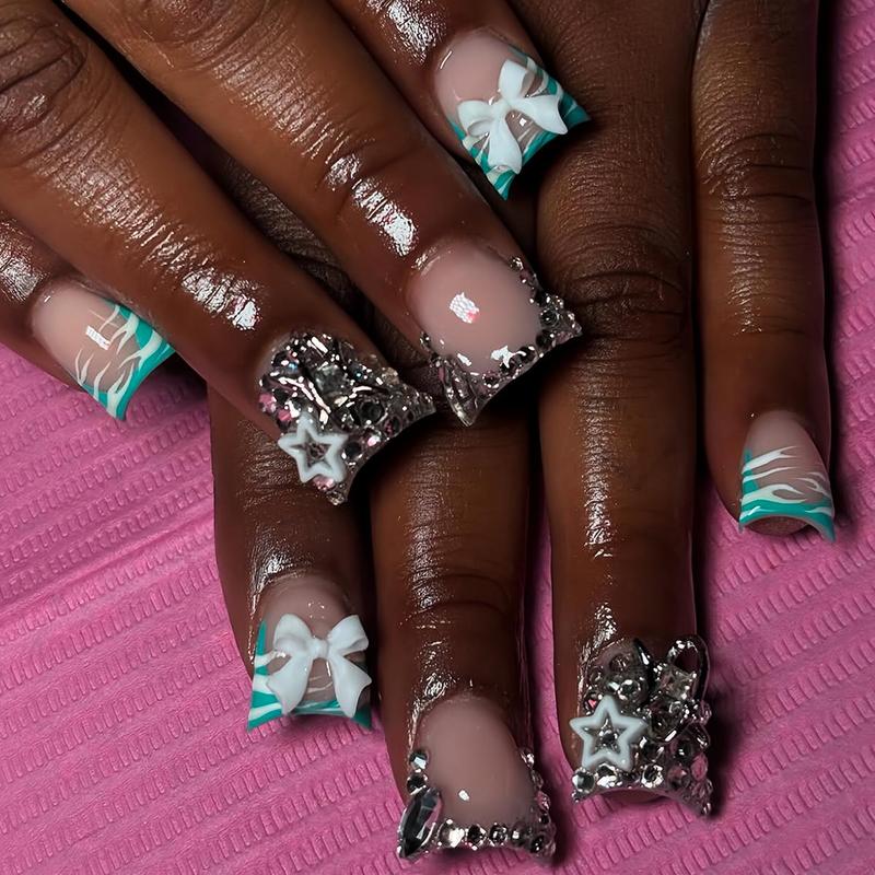 Bow Decor Fake Nails with Nail File & Tape, 24pcs Duckbill Shaped False Nails for Women & Girls DIY Nail Art, Effortless Pressed on Nails Manicure Set, Acrylic Nails, Icy Blue, Rhinestone Bow Decorated