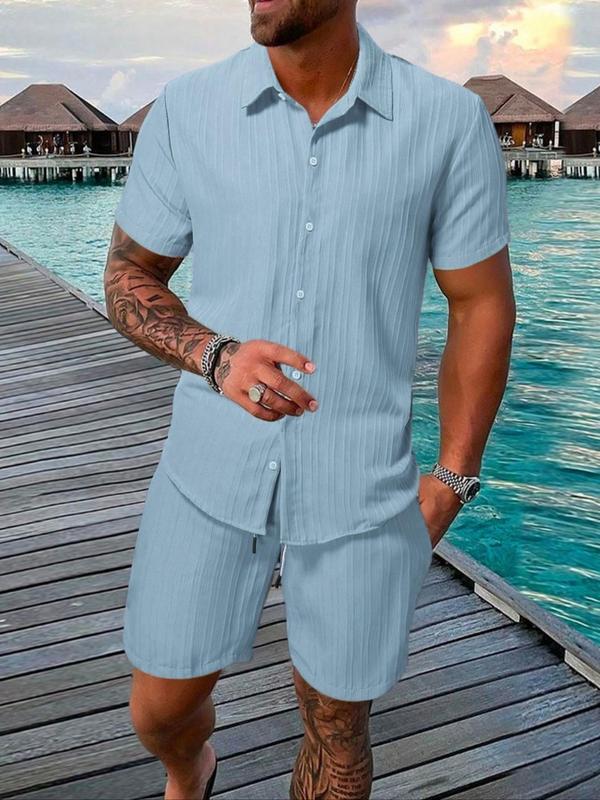 Two-Piece Set Men's Regular Fit Solid Textured Short Sleeve Shirt & Shorts, Casual Summer Set for Men, Mens Clothes for Beach Vacation Two-Piece Set Men's Regular Fit Solid Textured Short Sleeve Shirt & Shorts, Casual Summer Set for Men, Mens Clothes for Beach Vacation
