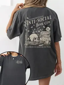 Goth Anti-Social Book Club" printed, Floral Graphic T-shirt, loose casual T-shirt with literary slogans, gift for book lovers and dark style enthusiasts, suitable for book club gatherings, lazy weekends, Everyday, unique design