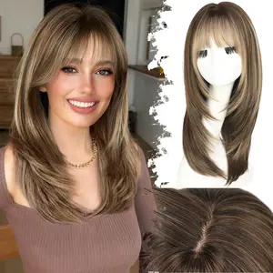 Wig with Bangs for Women Brown Blonde Highlight Straight Face-Framing Layers Hairstyle 4x4 Realistic Scalp Glueless Synthetic Wigs Medium Length for Everyday Use