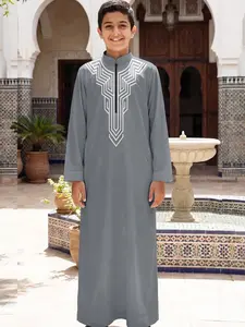 Moroccan Style Boy Thobe, Fresh Bottom Pattern Long Dress, Traditional Arabic Clothing for Men, Comfortable and Stylish