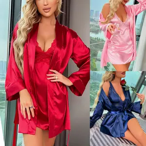 Women’s Satin Sleepwear Set – 2 Piece Lace Cami Nightgown and Long Sleeve Robe Sexy Silk Pajamas Nightwear