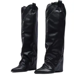 Women’s Black Knee High Fold Over Pointed-Toe Cowboy Boots Black Cowboy Boots Faux Leather Rhinestone Studded Ruched Western Boots Comfortable Casual Party Daily Footwear