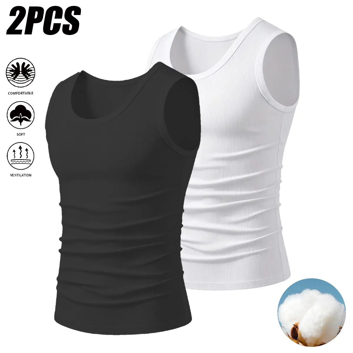 Men's 2-Pack Stretch Ribbed Cotton Tank Top, Form-Fitting Invisible Undershirt for Dress Shirts & Suits, Smooth Seamless Base Layer to Prevent Show Through, Breathable Slim Fit Business Daily Casual Vest