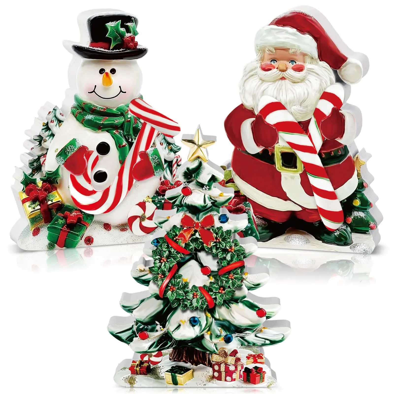 Set of 3 Christmas dining table decorations, wooden centerpiece for the holiday table, farmhouse-style tiered tray decor, farmhouse centerpiece featuring Santa Claus, snowman, and Christmas tree, Christmas dining table sign, for winter parties