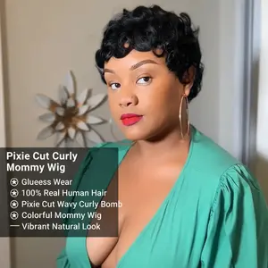 Short Glueless Curly Pixie Cut Wig 100% Human Hair with Bangs for Black Women 180 Density Rose Net Lace Cap No Shedding No Tangle Easy Wear