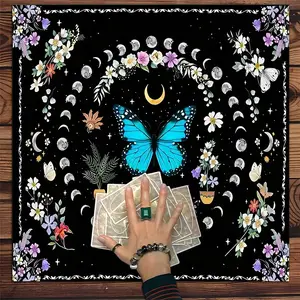 Butterfly & Moon Phases Pattern Tarot Tablecloth, Tarot Card Tablecloth, Witchcraft Astrology Divination Board Tablecloth, Gift Packaging Supplies