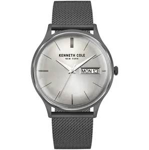 Kenneth Cole Men's Stainless Steel Mesh Watch, 43mm Gunmetal Case, Grey Dial, Quartz Calendar Movement, Deployment Clasp, 30m Water Resistant