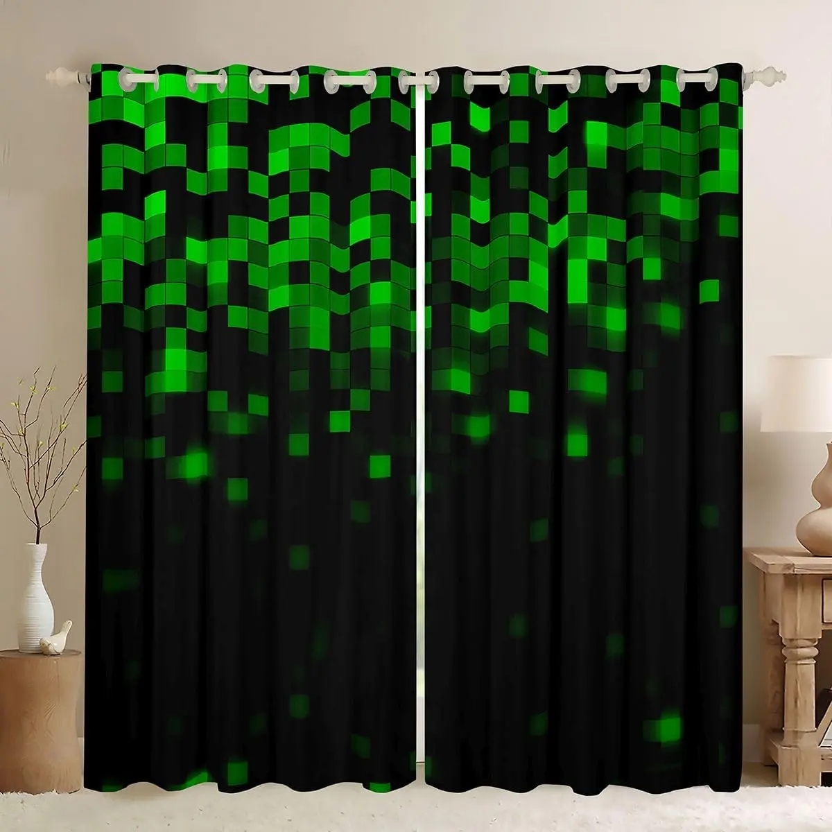 Neon Green Black Pixel Curtains for Bedroom Living Room Pixel Art Blackout Darkening Drapes Geometric Window Treatments,2 Panels Video Games Room Decor