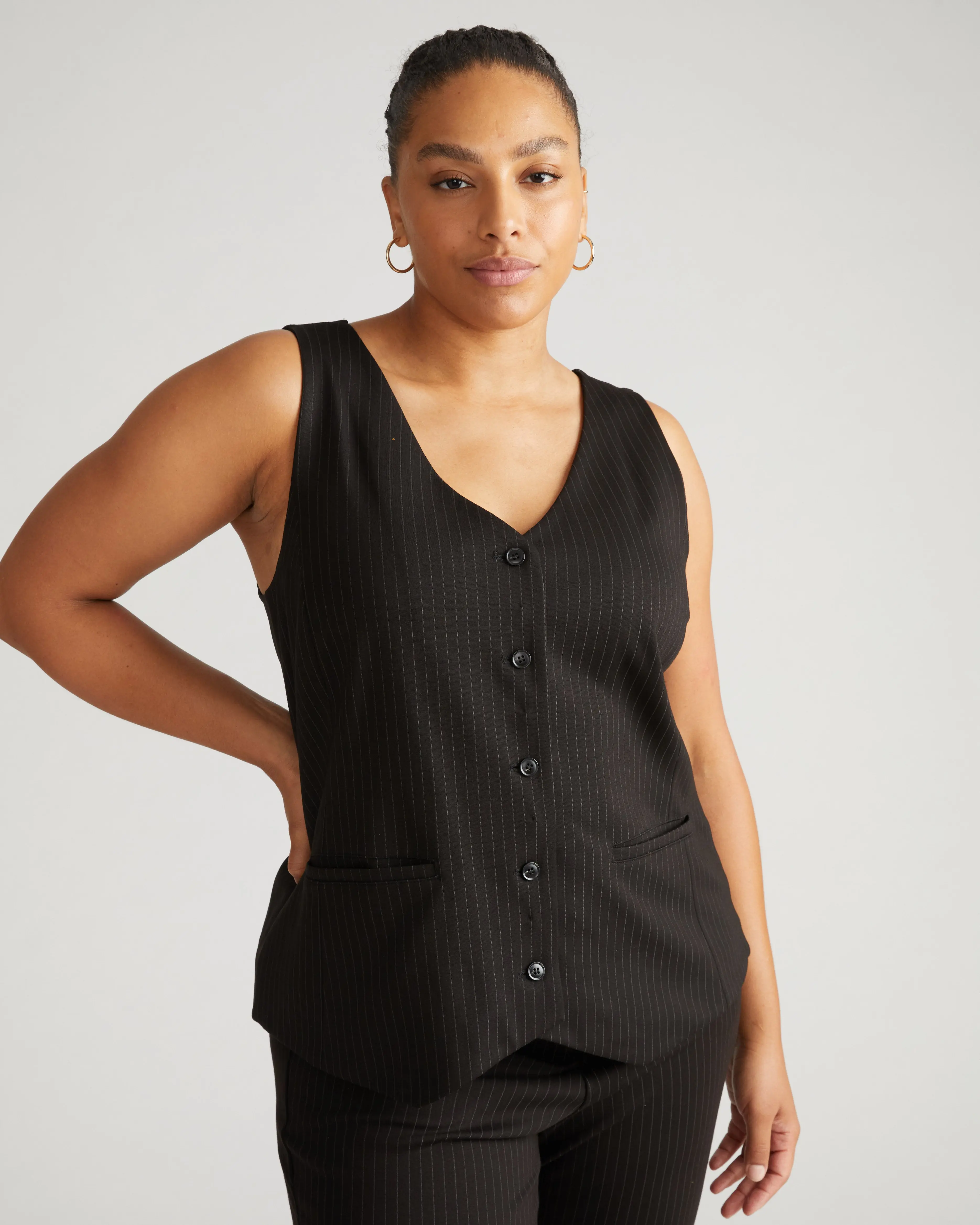 Women's Tailored Pinstripe Vest, Fitted V-Neck Button-Down Layering Top in a Slate Nylon-Rayon Blend, Lady, Basic, Piece, Casual, Snap, Princess Seams, Sleeveless, Elastane, Button Front, Female Vest, Elegant, Extended Placket, Solid, Cover Your Bra Strap
