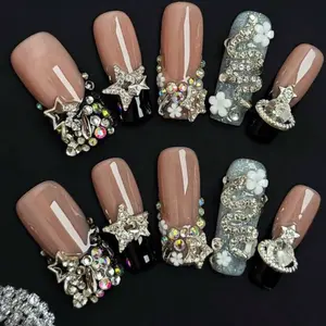 Handmade Press On Nails 10 Pieces Medium Length with Rhinestones and Charms for Stylish Manicure