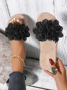 Women's Fashionable Plain Color Flower Decorated Beach Flip Flops Slides, Casual Comfortable Flat Sandals for Beach & Outdoor, Lightweight Breathable Walking Shoes for Daily, Footwear