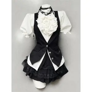 Harajuku Gothic Retro Chic Outfit Women Bubble Sleeve Shirt + Slim Vest + Short Cake Skirt New Vintage Fashion 3 Piece Suit 2025