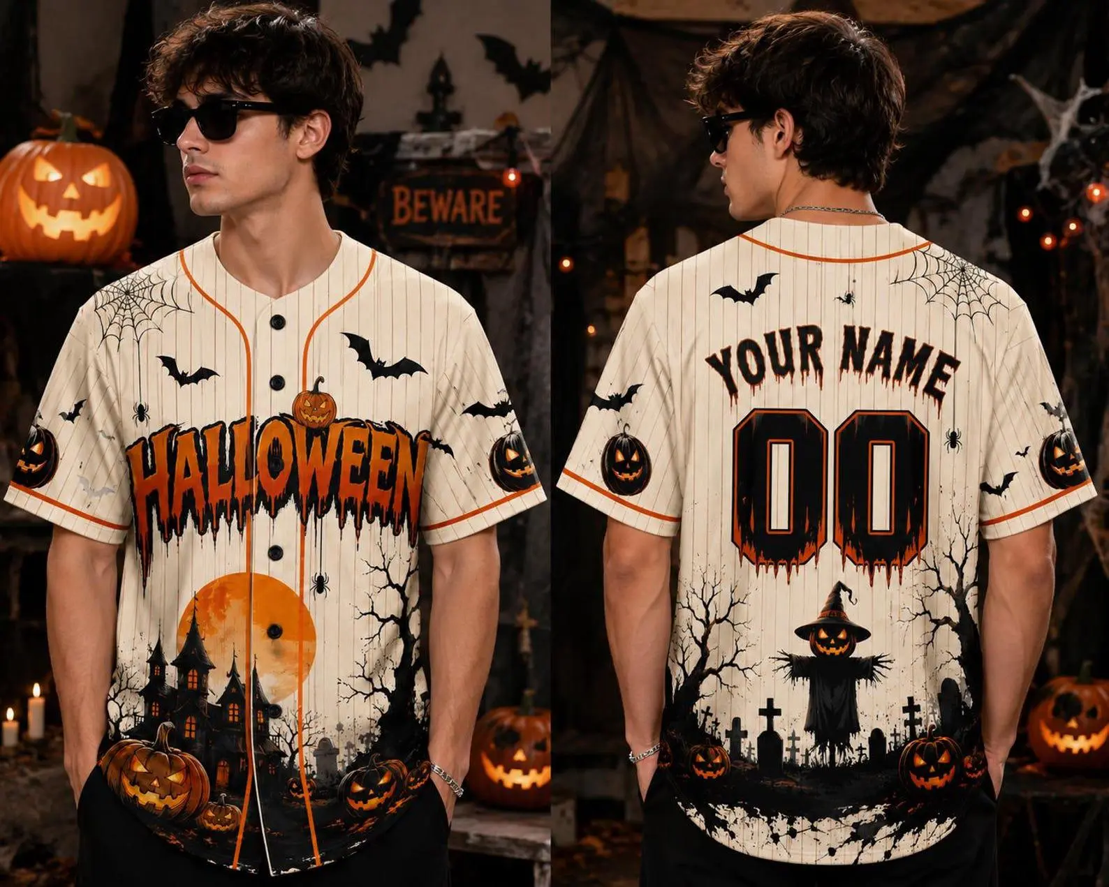 Personalized Halloween Baseball Jersey, Custom Name Number Spooky Pumpkin Shirt, Haunted House Jersey, Halloween Party Gift