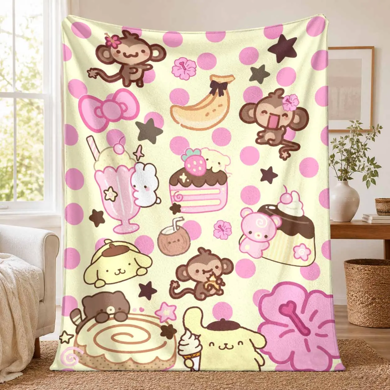 Sweet Kawaii Monkey Dessert Flannel Throw Blanket - Blush Pink Polka Dot Cartoon Print, Anti-Pilling, Breathable Soft Cozy Lightweight Warm Plush, 30x40 In, for Home/Couch, Indoor/Outdoor, Business Trips Birthday Gift
