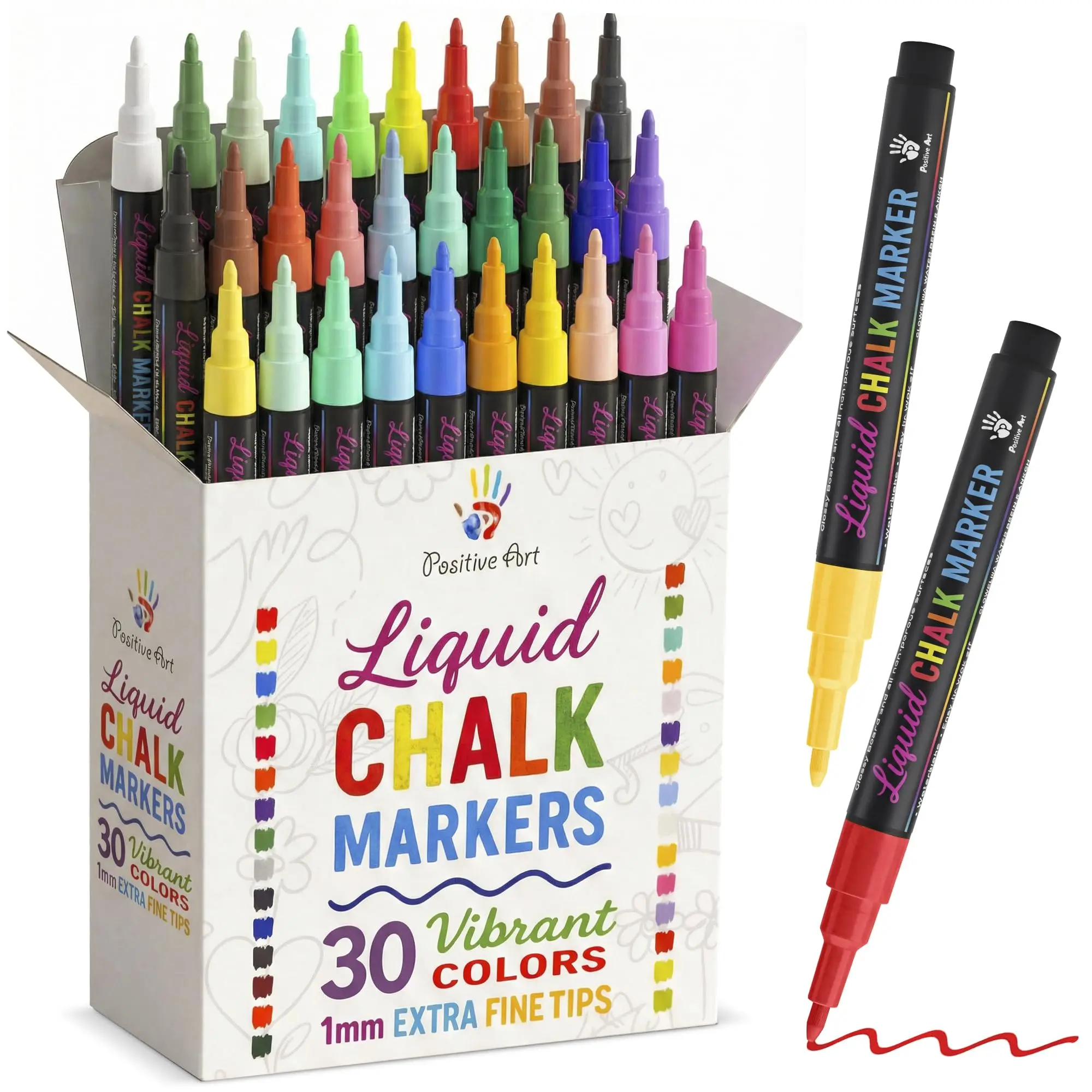 Positive Art Extra Fine Tip Liquid Chalk Markers - 30 Colors - Washable Colored Chalk Pens for Blackboard - Window Markers for Glass, Metal Dry Erase Marker Pen for Mirros & More (Extra Fine - 1mm)