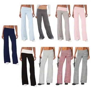 Women Elastic Wide Leg Pants Casual Cute Striped Print Folded Waist Trousers for Work Office Streetwear
