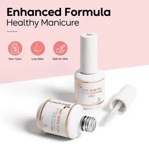 Nicedeco Gel Nail Polish 6 in 1 Nail Glue Gel and No Wipe Top Coat Set, Hema Free, Cruelty Free, Vegan, 2PCS 15ML for Adhesive Nail Extension Gel Nail Art Smooth Rhinestone Manicure
