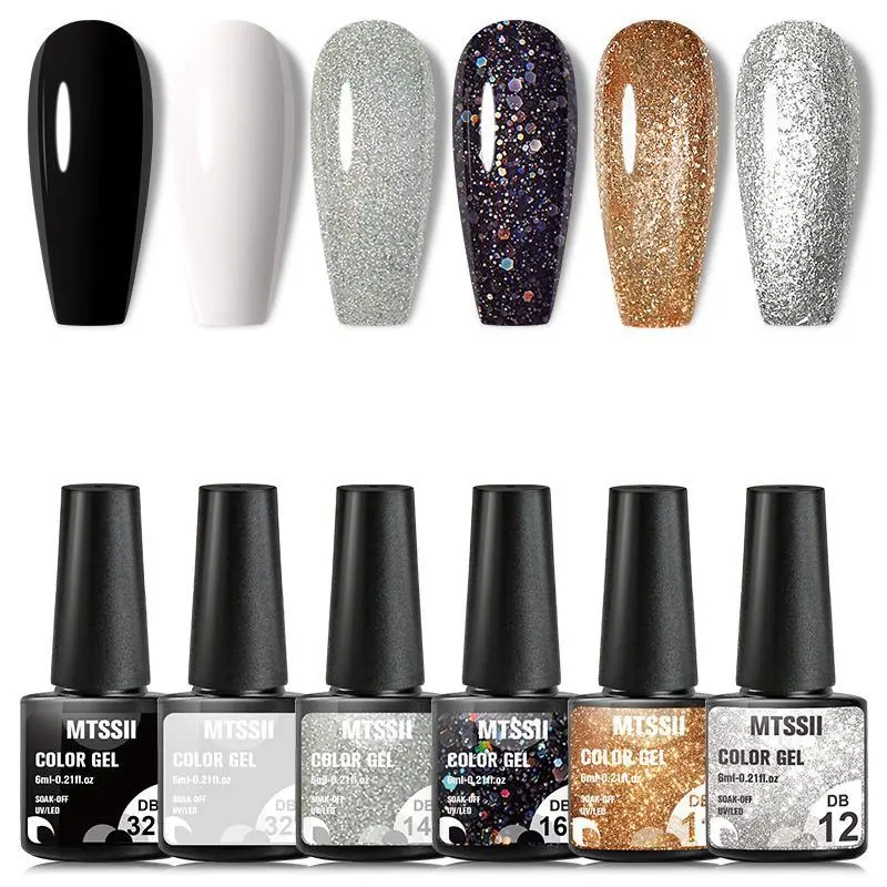 Glitter Gel Nail Polish Set, 6 Counts/set Black & White Color Series Gel Polish Kit, Manicure Nail Gel Varnish Need Lamp Cure Soak Off UV Light Gel, Nail Art Kit, Cosmetic, Nail Products