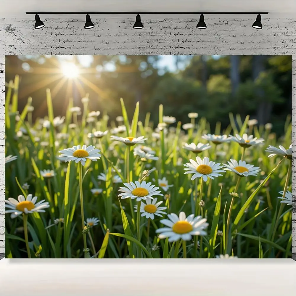 1pc Polyester Daisy Botanical Flower Backdrop Banner, Festive Summer-Vibe Birthday Wall Decoration, Home & Outdoor Party Supply
