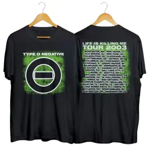 Type O Negative Life Is Killing Me Tour 2003 T-Shirt – Gothic Metal Band Graphic Tee, Green Symbol Front Print + Back Tour Dates Shirt, Vintage Heavy Metal Fan Cotton Tee for Men Women Streetwear USA Style