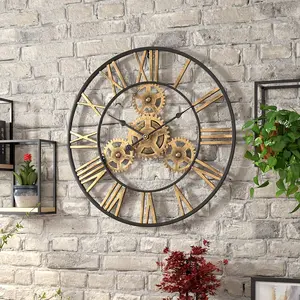 New 1pc Vintage European-Style Golden Metal Gear Design Large Wall Clock Silent Movement 19.7 Inches Rustic Garden Decor Fashionable Creative Timepiece For Outdoor & Indoor Use Round