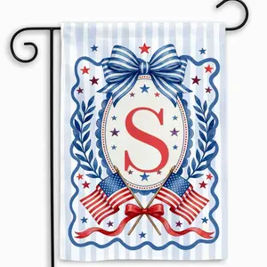 Personalized Patriotic Garden Flag Custom Monogram Chinoiserie Crest Blue Gingham Yard Banner Double Sided Cottagecore Outdoor Décor