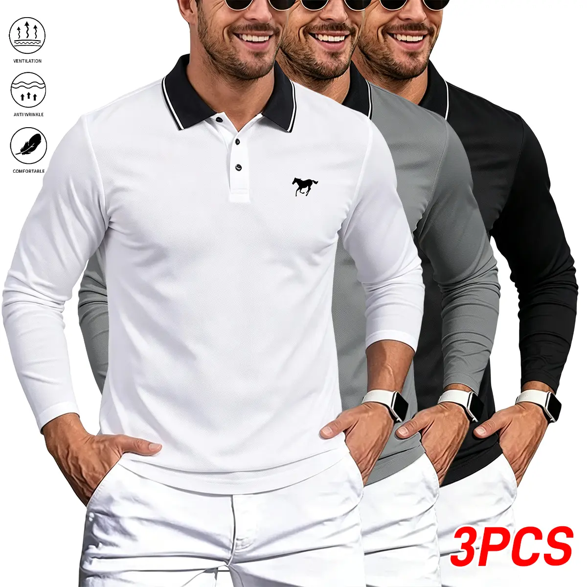 Men’s Athletic Casual Long-Sleeve Polyester Polo Shirt 3-Pack - Soft, Comfortable, Breathable Fabric - Ideal for Badminton, Business Outings