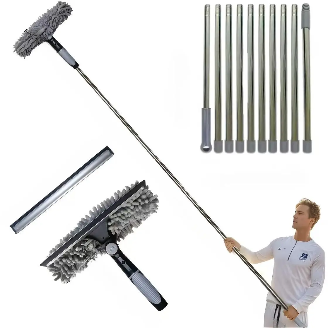 High-Rise Window Cleaning Kit, 2-In-1 Washer and Scraper, 5 Color Options, Microfiber Cloth, Stainless Steel Handle, Resin Head, 196ft Reach, Window Squeegee with Extension Pole