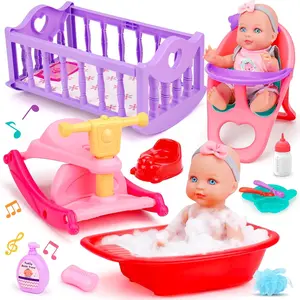 Baby Care Dolls Toys Set with 11" Baby Doll, Cradle Crib & Rocking Horse, Bathtub, High Chair Feeding Accessories, Toddlers Doll Toy Pretend Play for Age 3 4 5 6+ Years Old Girls Kids