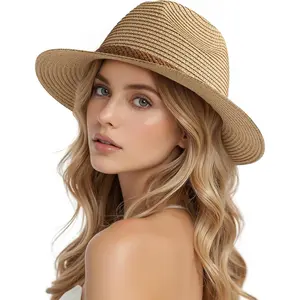 Beach Hats for Women - Sun Straw Fedora Hats for Women, Packable Sun Hat Womens with Chin Strap, UPF 50+
