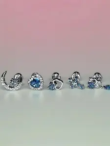 1 set of blue zircon moon and heart-shaped ear bone stud set - titanium steel spiral cartilage and helix piercing jewelry, sparkling blue pendant earrings suitable for Valentine's Day, parties, casual wear - vintage luxury style, comfortable and secure fi