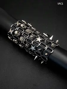 Punk Style Leather Bracelet, Adjustable Length, Rivet Design, Skull Element, Star Pattern, Daily Wear, Holiday Gift for Boyfriend Girlfriend, Fashion Bracelets, Punk Style Jewelry