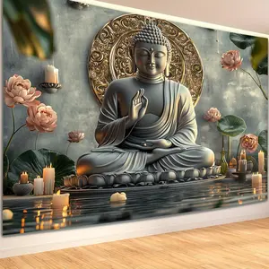 1pc, Stunning 3D Grey Gold Buddha Statue Tapestry - Great for Living Room and Party Decoration, Indoor/Outdoor Use, Unique Gift Idea