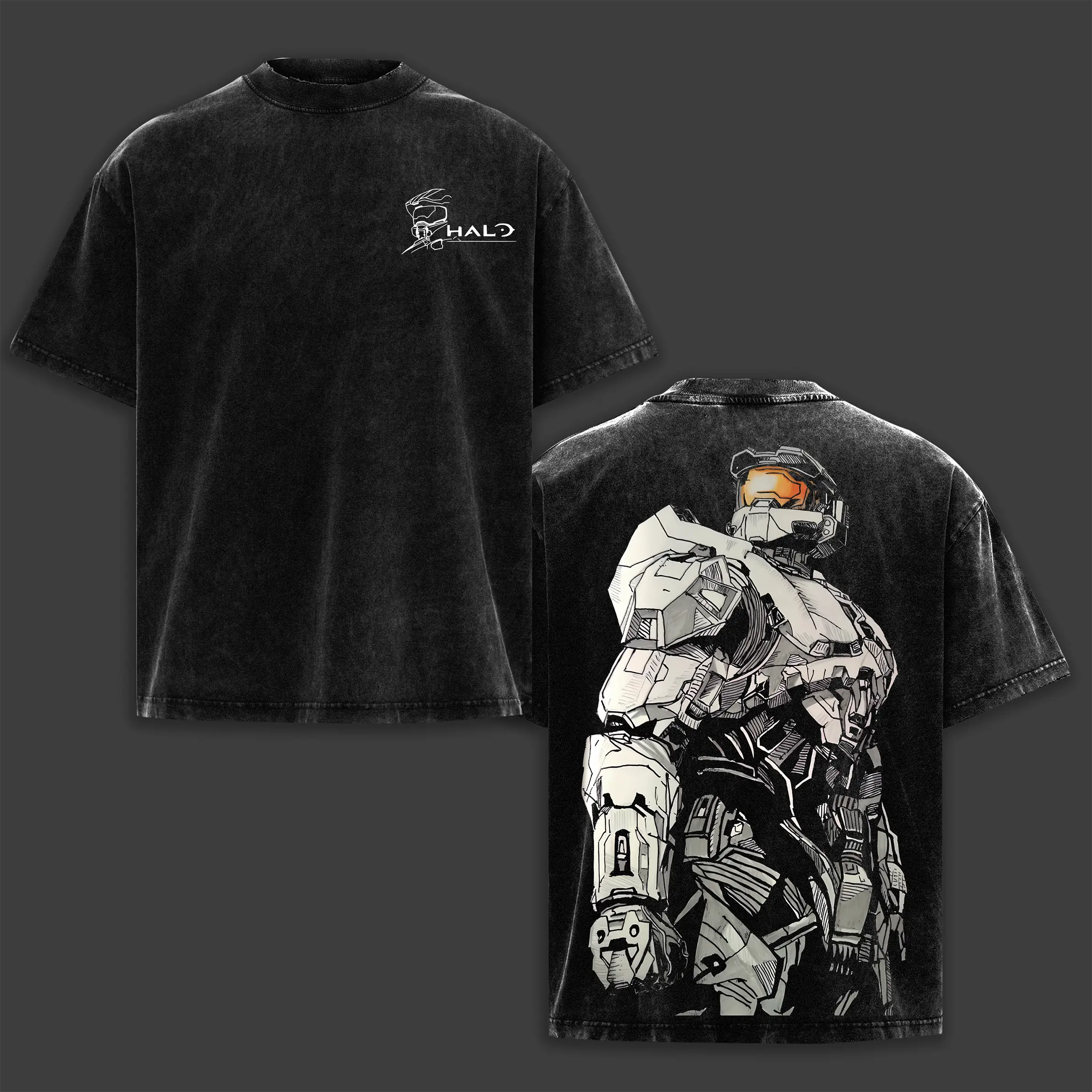 Men's Halo Master Chief Vintage Gaming Graphic T-Shirt - Oversized, Classic, Short-Sleeve, Seamless, Acid-Washed, Lightweight Cotton Casual Retro Streetwear Gamer Gift Top