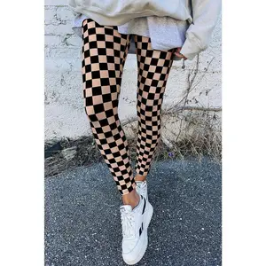 Khaki Checkered Pattern High Waist Skinny Leggings