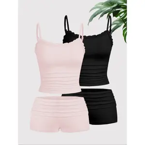 Women's Solid Crop Cami Top & Shorts Two-piece Set, Womenswear, Casual Fashion Cozy Breathable Two Piece Outfits for Daily Outdoor Wear, Ladies Clothes for Summer