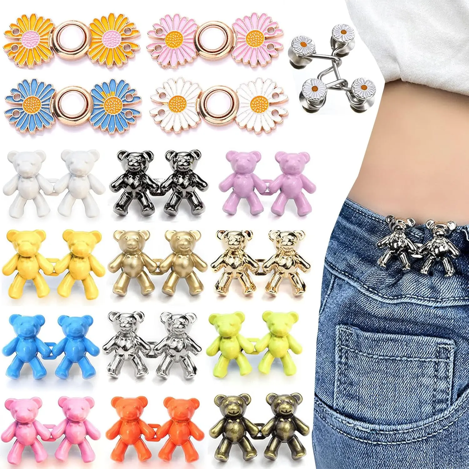 17 Pairs of Bear Jean Button Pins with Adjustable Flower Pins for Women's Jeans and Skirts - Perfect for Styling Your Outfits