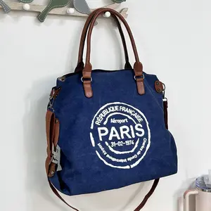 Large capacity Paris Canvas tote – Crossbody Shoulder Tote Bag  Navy Blue