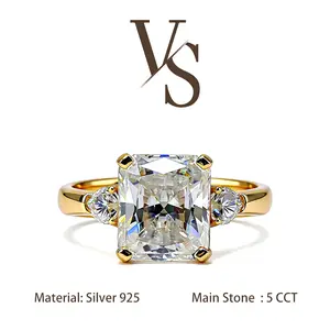 [Venus Jewelry] Synthetic Moissanite 5 CCT Radiant Cut Triple Stone Luxury Design VVS 1 D Color Solid Silver 925 Solitare Ring