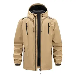 Men's Outdoor Hiking Jacket, Khaki Waterproof Coat with Hood, Windbreaker for Mountaineering and Leisure