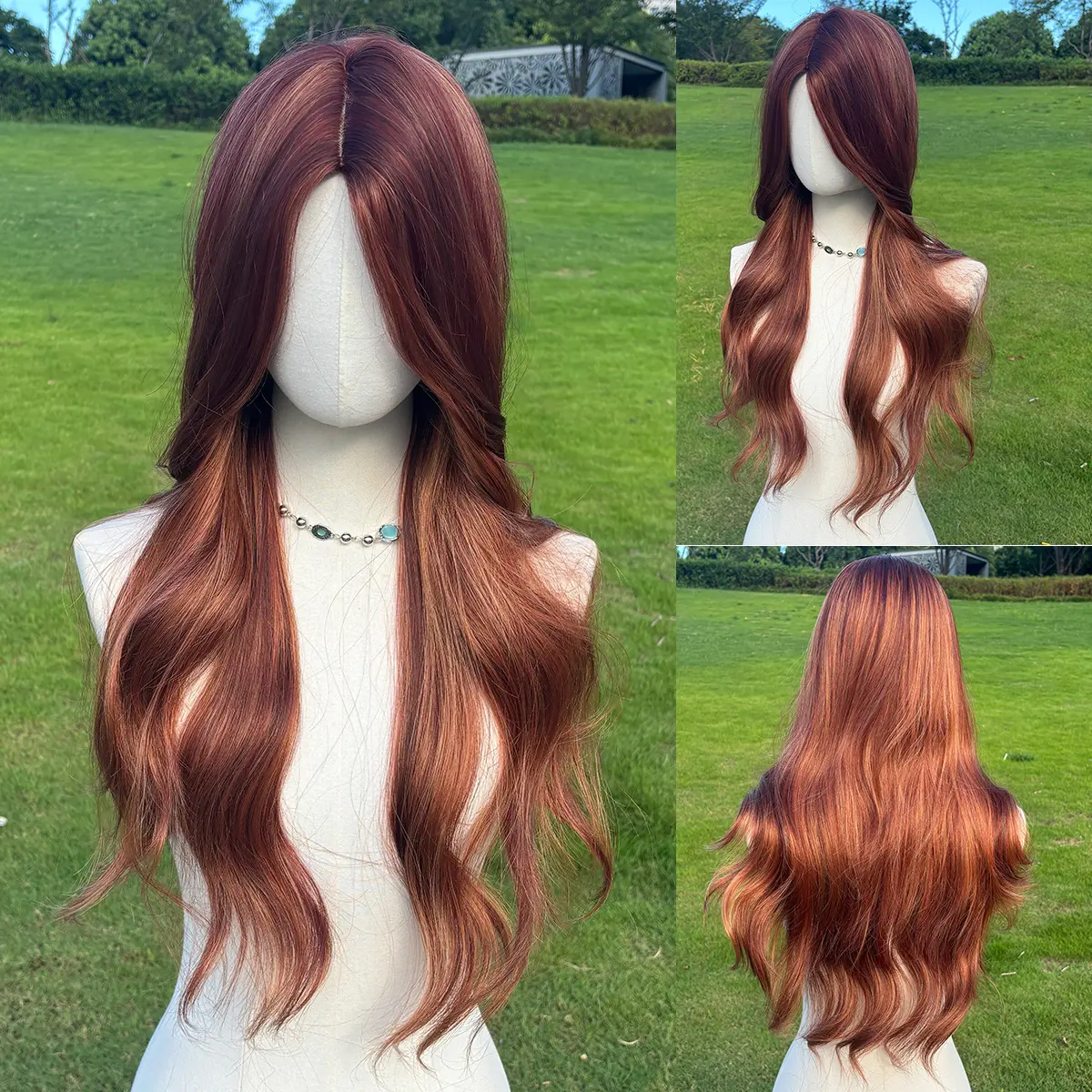 SMILCO/28Inch Highight Copper With Brown Long Wave Synthetic Wig #Summervibes SM536