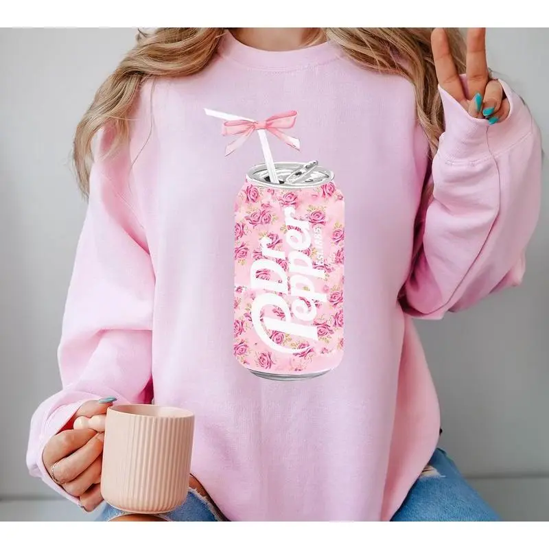 Floral Dr Pepper Sweatshirt – Cute Y2K Pink Bow Crewneck, Perfect Soda Shirt for Fans