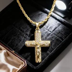 14K Gold-Plated Men’s Cross Necklace |   24" Tarnish-Free Chain |   Jesus Crucifix Pendant, Christian Gift